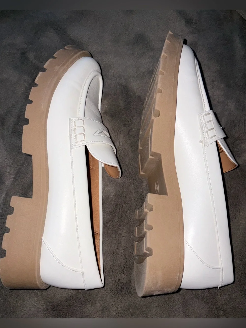 White Penny Loafers with Tan Lug Sole -